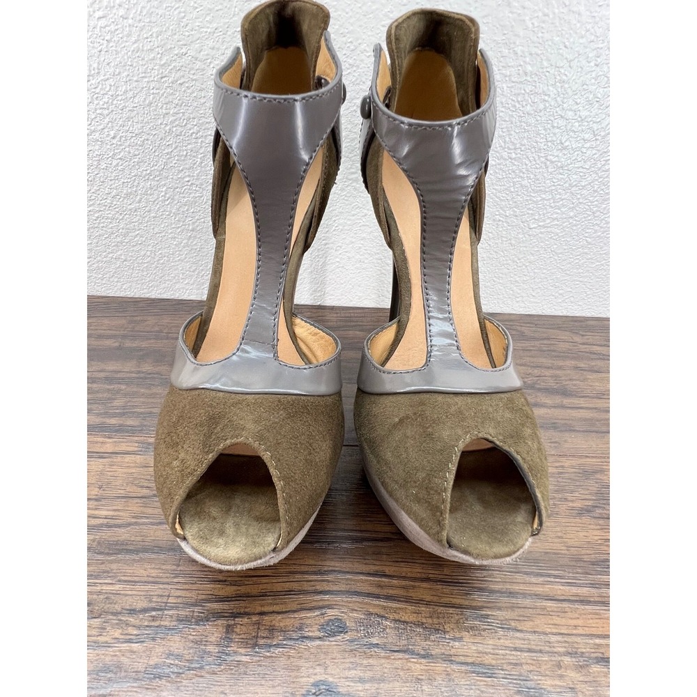 L.A.M.B. Peppa Taupe Gray Suede‎ & Leather Platform Peep Toe Heels Size 6.5M